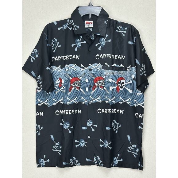 Mia’s Shirt Men's Medium Black Button Down Short Sleeve Pirates Caribbean India - Picture 1 of 10